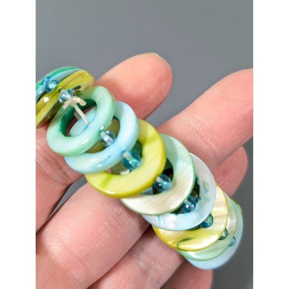 Blue Green Shell Stretch Bracelet Beachy Boho Coastal 7 in - Picture 3 of 7